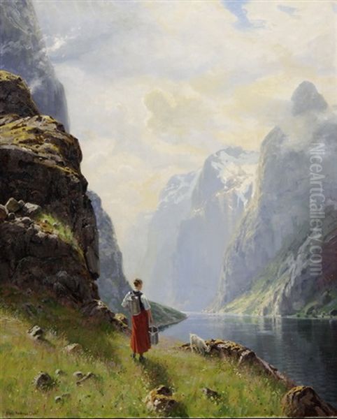 Norwegische Fjordlandschaft Mit Junger Frau Mit Melkeimer Und Weidender Ziege Oil Painting by Hans Andreas Dahl