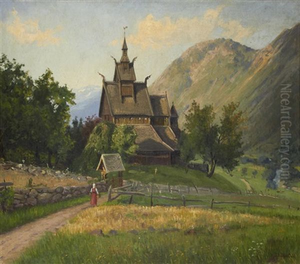 Stave Church Oil Painting by Hans Andreas Dahl