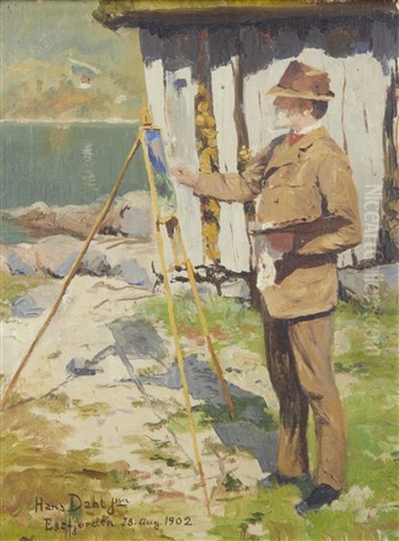 Portrait Of The Artist's Father, Hans Dahl Snr. At His Easel Oil Painting by Hans Andreas Dahl