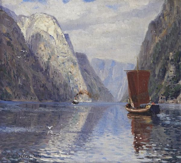 Boats On A Fjord Oil Painting by Hans Andreas Dahl