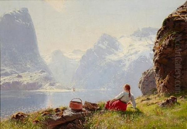 An Extensive Fjord View With A Girl Resting On The Shore In The Foreground Oil Painting by Hans Andreas Dahl