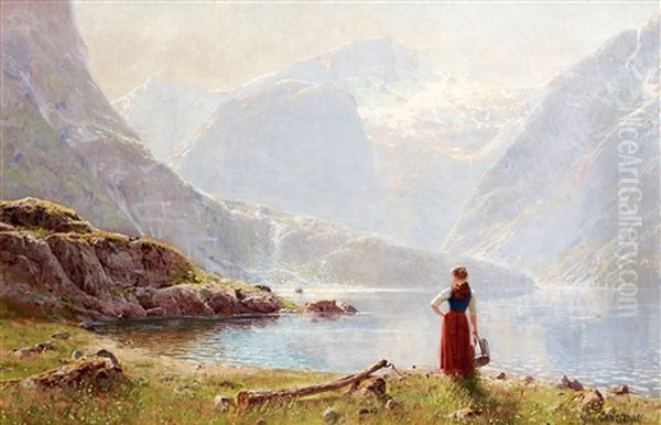 Flicka I Fjordlandskap Oil Painting by Hans Andreas Dahl