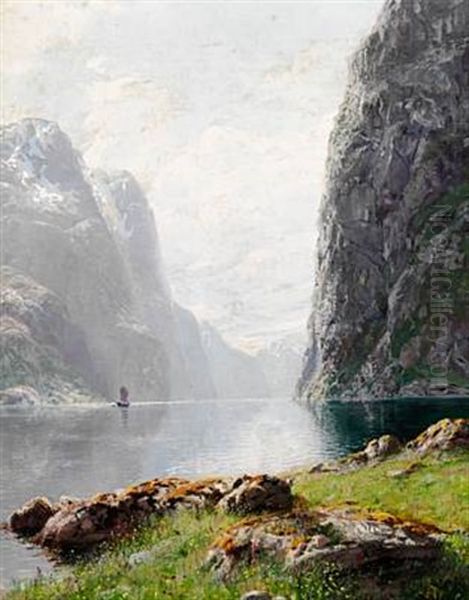 View Of A Norwegian Fjord With A Sailing Ship Between Tall Cliffs Oil Painting by Hans Andreas Dahl