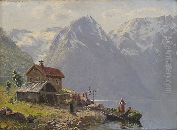 Fjordlandskap Med Folkeliv Oil Painting by Hans Andreas Dahl