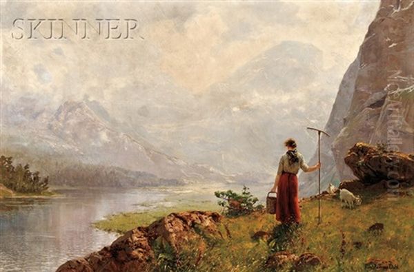 View With A Young Shepherdess On A Fjord by Hans Andreas Dahl