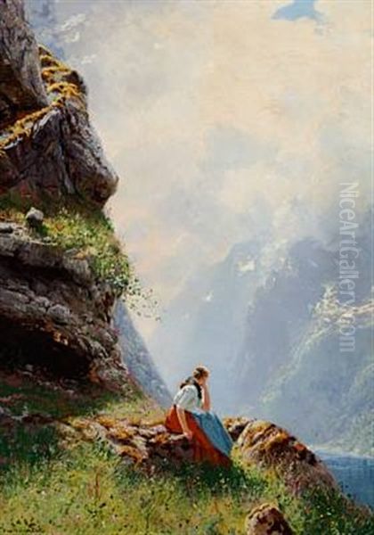 Norwegian Peasant Girl On A Mountain Slope With A View Over A Fjord Oil Painting by Hans Andreas Dahl