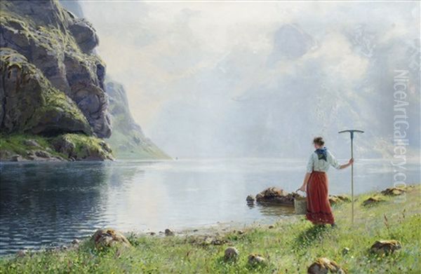 Fjordlandskap Med Flicka Oil Painting by Hans Andreas Dahl