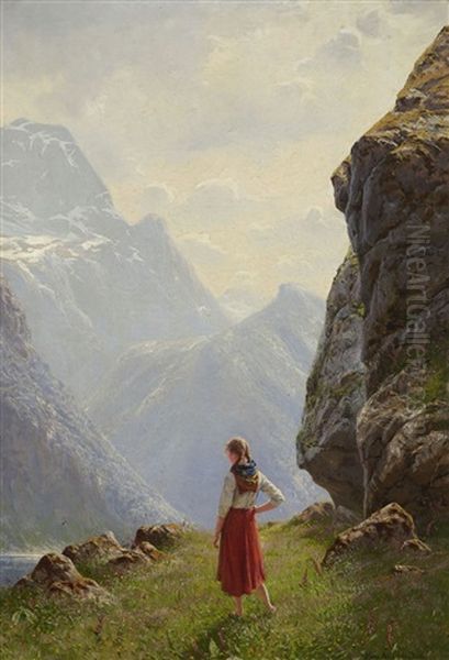 Bauernmadchen Am Fjord Oil Painting by Hans Andreas Dahl