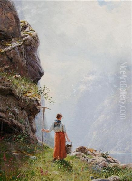 Glimpse Of A Norway Fjord Oil Painting by Hans Andreas Dahl