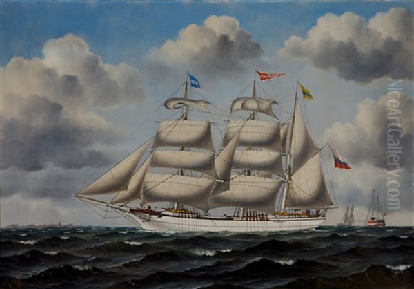 A Ship Painting Of The Barque Fyra Broder And Lightvessel Ogden Oil Painting by I. Dahl