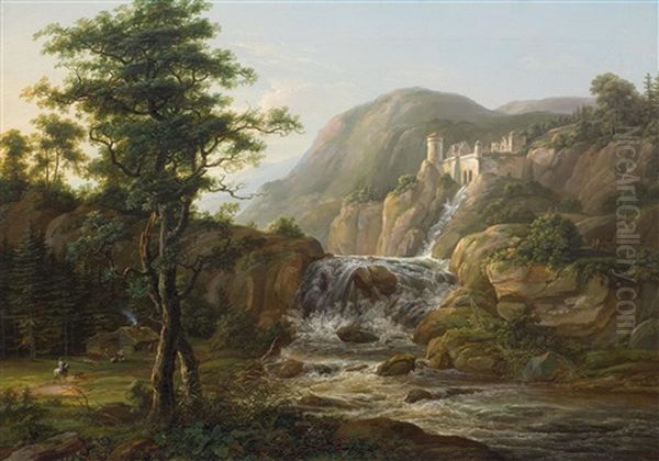 Gebirgslandschaft Mit Wasserfall, Burganlage Und Reisendem Zu Pferd Vor Einer Hutte Oil Painting by Johan Christian Dahl