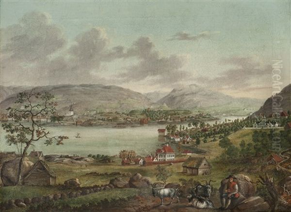 Bergen Sett Fra Laksevag Oil Painting by Johan Christian Dahl