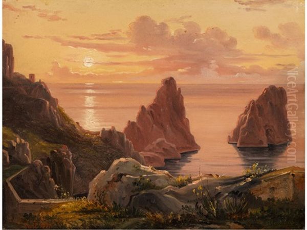 Abendlicher Blick Uber Die Faraglioni Felsen Von Capri Oil Painting by Johan Christian Dahl