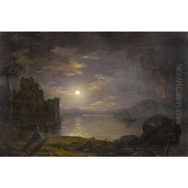 Nachtlicher Strand Bei Posillipo Mit Vesuv Im Mondschein Oil Painting by Johan Christian Dahl