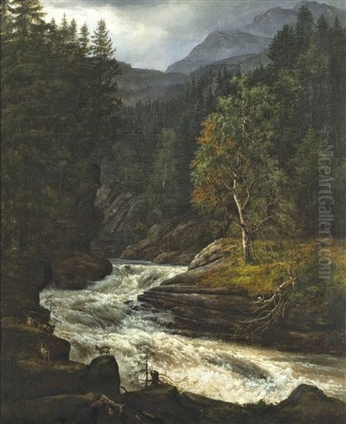 Waterfall In Hemsedal Oil Painting by Johan Christian Dahl