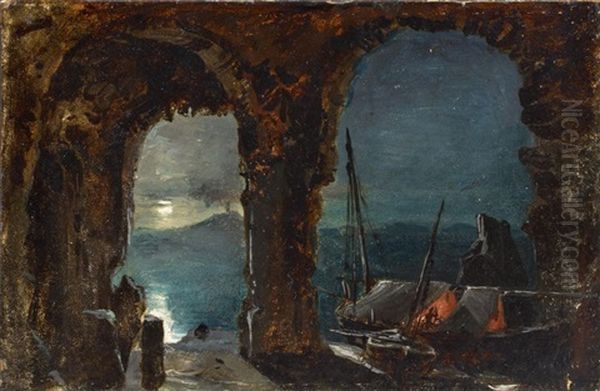 Grotte Bei Posilippo Im Mondschein Oil Painting by Johan Christian Dahl