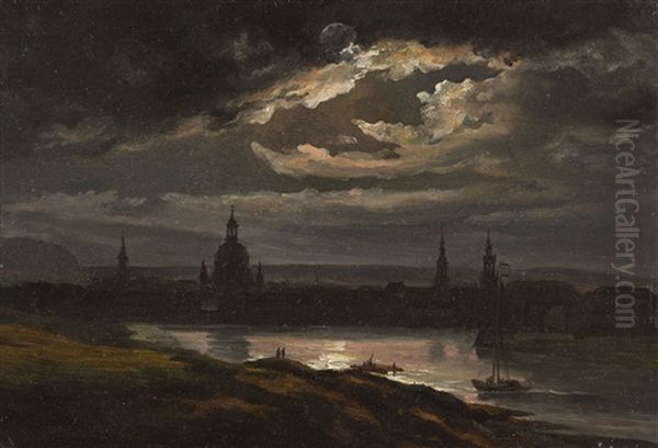 Blick Uber Die Elbe Auf Das Nachtliche Dresden Oil Painting by Johan Christian Dahl