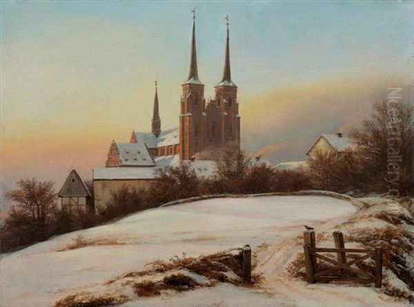 Winterliche Ansicht Der Kathedrale Von Roskilde Oil Painting by Johan Christian Dahl