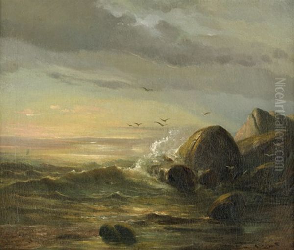 Sturmische See An Einer Felskuste Bei Sonnenuntergang Oil Painting by Johan Christian Dahl