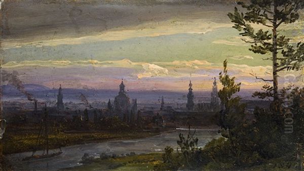 Two Views Of Dresden By Moonlight (2 Works) Oil Painting by Johan Christian Dahl