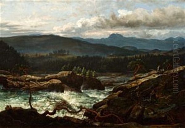 Fra Lauerud Naer Kongsberg Oil Painting by Johan Christian Dahl