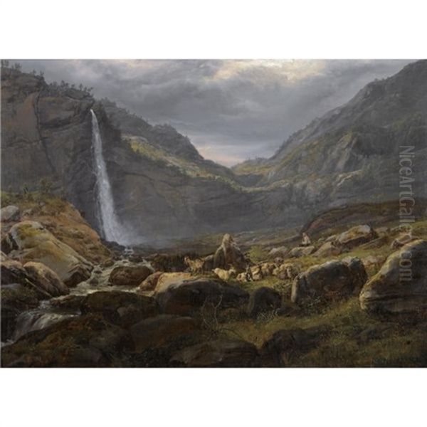 Utsyn Fra Feigumfossen I Lysterfjorden (view Of The Feigumfoss In Lysterfjord) Oil Painting by Johan Christian Dahl