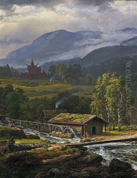 Landschaft Bei Kaupanger Mit Stabkirche Oil Painting by Johan Christian Dahl