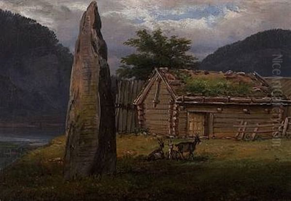 Fjordlandskap Med Bauta Oil Painting by Johan Christian Dahl