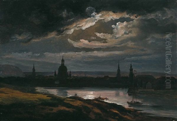 Uber Die Elbe Auf Das Nachtliche Dresden Oil Painting by Johan Christian Dahl