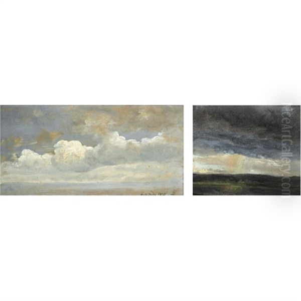 Skystudie-cloud Study (+ Skystudie Og Landskap-cloud Study And Landscape, Smllr; 2 Works) Oil Painting by Johan Christian Dahl