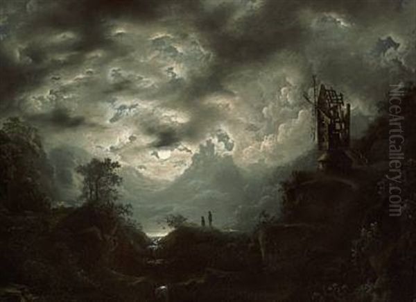 Moonlight On A Rocky Coast With Fishermen And An Old Mill Oil Painting by Johan Christian Dahl