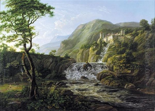 Fjell Landskap Med Slott (mountain Landscape With A Castle) Oil Painting by Johan Christian Dahl