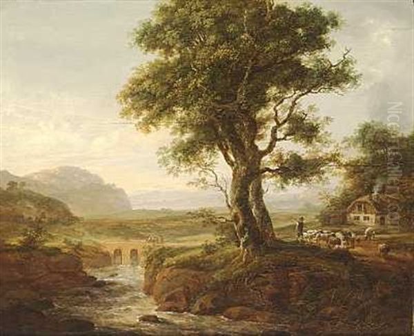 Landskab Med Et Stort Trae Ved En Flod Oil Painting by Johan Christian Dahl