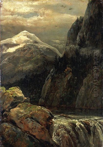 Nordisk Landskap Ved Innsjo (nordic Landscape With A Lake) Oil Painting by Johan Christian Dahl