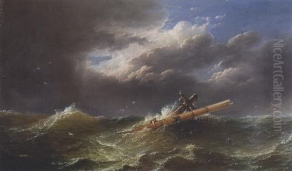 Schiffbruch: Ein Junger Mann Klammert Sich Bei Sturmischer See An Den Aus Den Wogen Ragenden Mast Oil Painting by Johan Christian Dahl