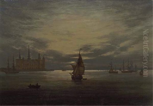 Kronborg Castle By Moonlight Oil Painting by Johan Christian Dahl