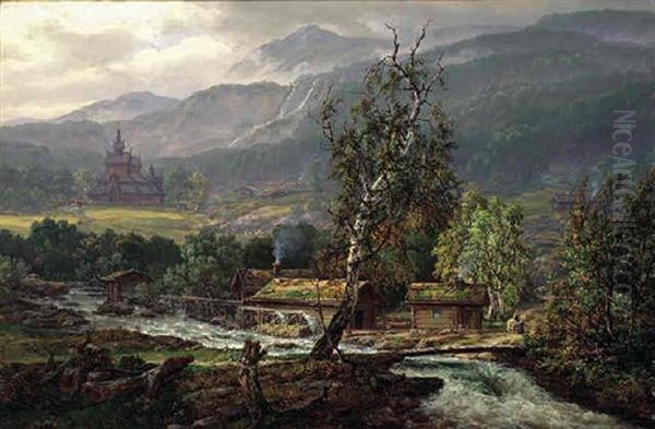 Kaupanger Med Vang Kirke Oil Painting by Johan Christian Dahl