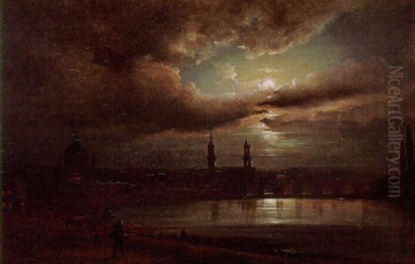 A View Of Dresden By Moonlight Oil Painting by Johan Christian Dahl