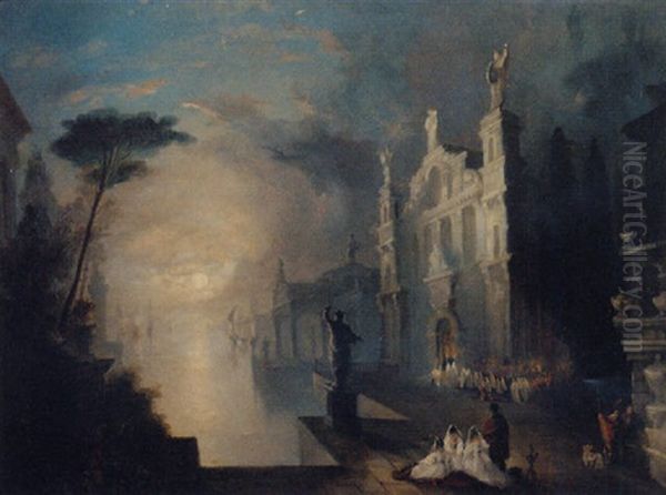 A Procession Befoe A Baroque Church In A Moonlit Harbour, A Capriccio Oil Painting by Johan Christian Dahl