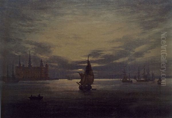 Kronborg Castle By Moonlight Oil Painting by Johan Christian Dahl