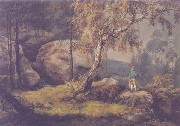 Rocky Mountainside With A Birch Tree Oil Painting by Johan Christian Dahl