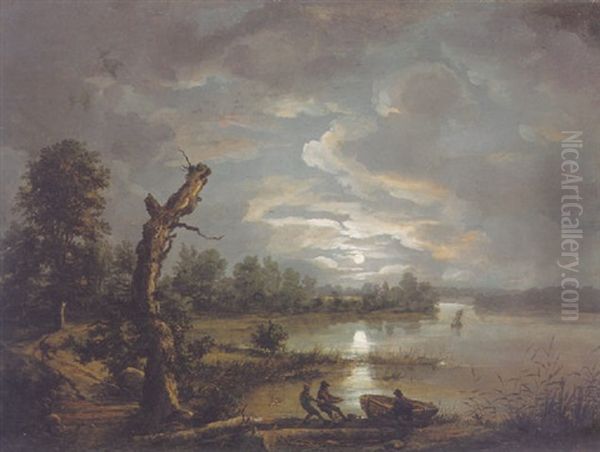 Esrom Lake, Moonlight Oil Painting by Johan Christian Dahl