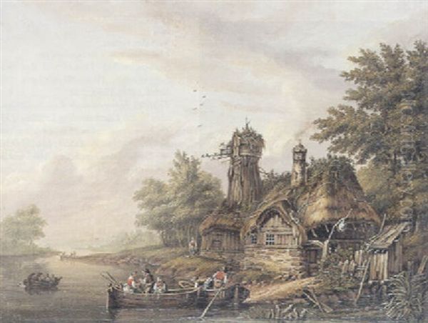 Hollandsk Flodlandskab Med Bade, Der Laegger Til Ved Et Strataekt Hus Oil Painting by Johan Christian Dahl