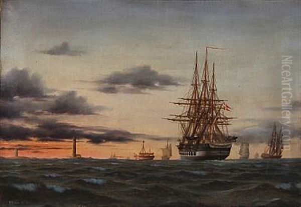 Seascape With Sailing Ships In The Evening Sun Oil Painting by Jorgen Dahl