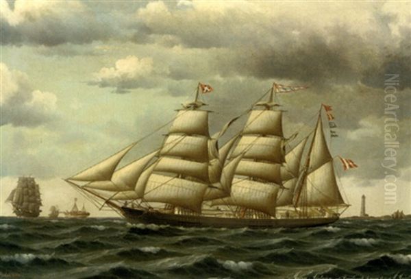 The Danish Barque "maria Aistrup" Of Frederikshavn Under Reduced Sail Off A Danish Coast Oil Painting by Jorgen Dahl