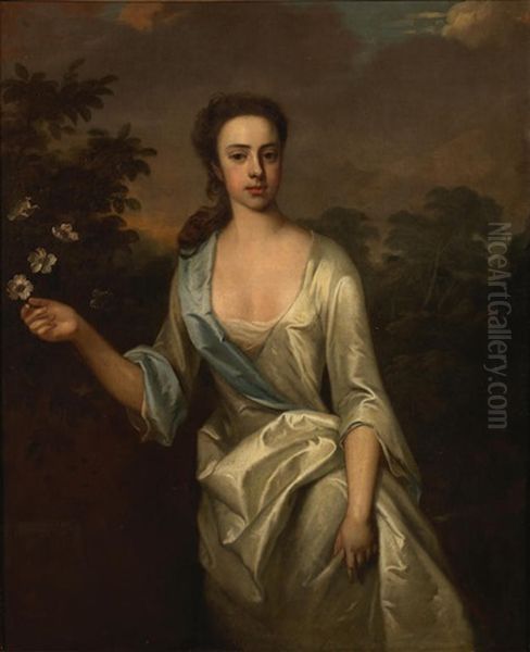 Portrait Of A Lady, Three-quarter-length, In A White Dress Holding Flowers, Before A Landscape Oil Painting by Michael Dahl