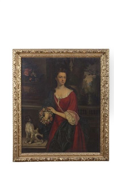 A Portrait Of Elizabeth Langham, As A Young Woman, Standing Three Quarter Length On A Terrace, A Spaniel Seated Beside Her, Flowers In An Ornamental Urn At Her Oil Painting by Michael Dahl