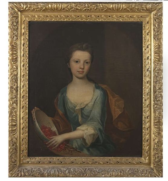 Portrait Of Martha Langham, As A Young Girl Three-quarter Length Wearing A Blue Dress With A Bowl Of Cherries And A Canary Oil Painting by Michael Dahl