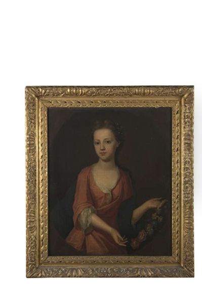 Portrait Of Mary Langham, As A Young Girl, Standing Three-quarter Length, Wearing A Red Dress, Holding A Garland Of Flowers, With Flowers In Her Hair Oil Painting by Michael Dahl