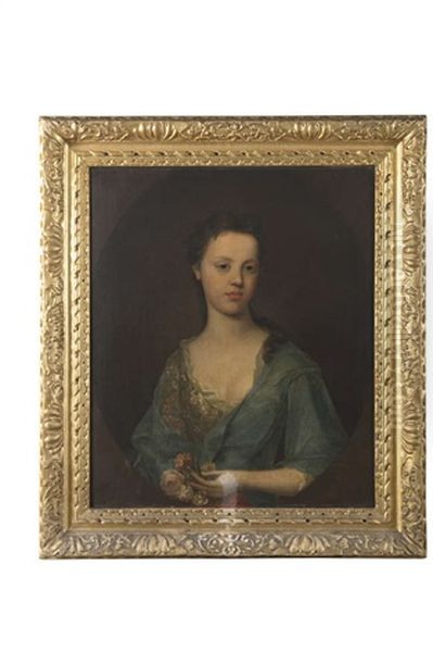 A Portrait Of Elizabeth Langham, As A Young Girl, Half Length In A Low Blue Dress And Holding Flowers Oil Painting by Michael Dahl